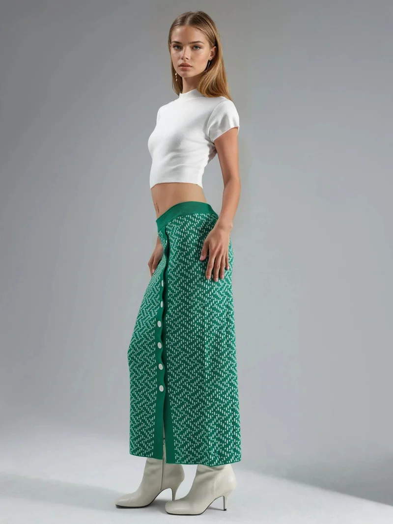 MY FASHION Pine Green MY FASHION High Waist Geometric Knit Maxi Skirt with Button Closure for Women | Best Price UAE